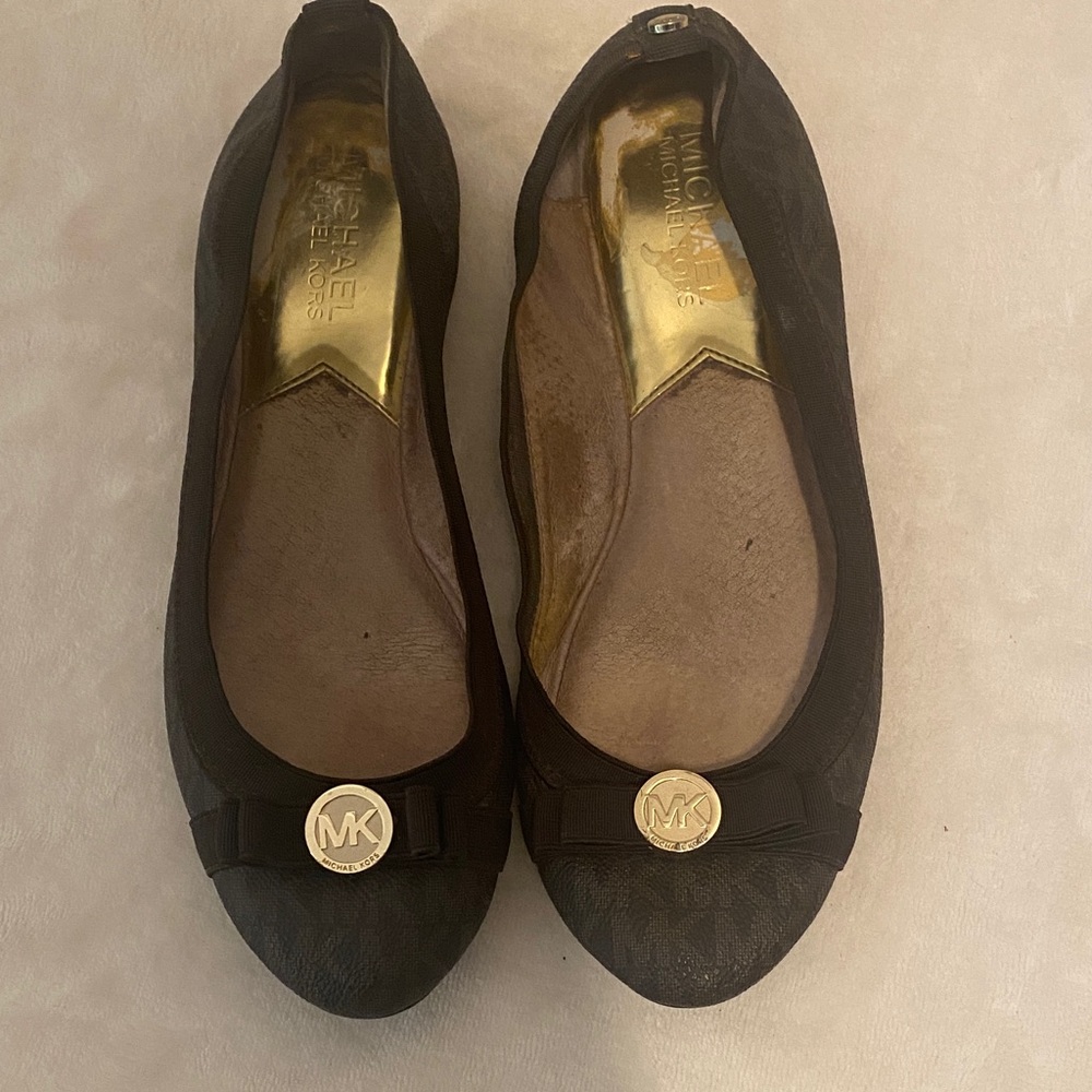 Michael Kors Black Leather Logo Round-Toe Flats